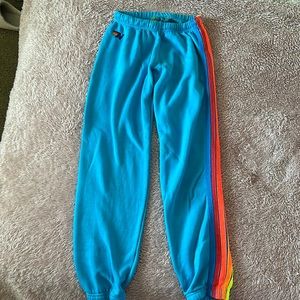 Aviator Nation neon blue neon rainbow 5 stripe sweatpants size S